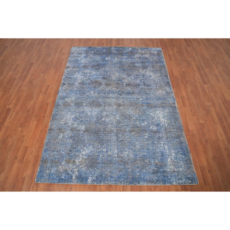 Hand Knotted Oriental Viscose Silk Carpet Modern Abstract Navy Blue & Blues Abstract Area Rug - 7' 10'' X 5' 5''
