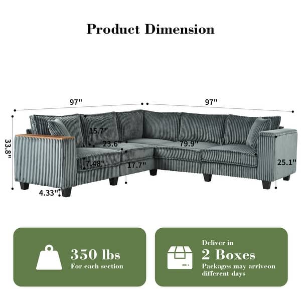 dimension image slide 1 of 3, GDFStudio - Jackson Oversized L-Shaped Corduroy Corner Couch with Armrest Storage