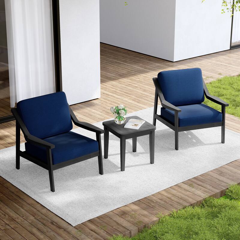 Outdoor Wood Cushioned Patio Set of 2 Accent Chair with Side Table