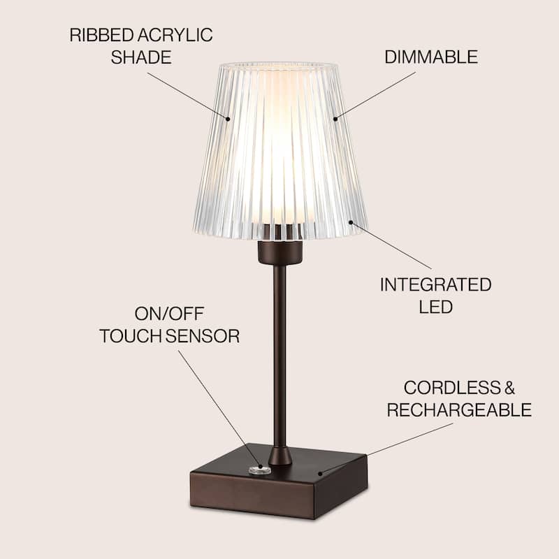 Lina 12.5" Modern Industrial Rechargeable/Cordless Iron/Acrylic Integrated LED Table Lamp with Ribbed Shade, by JONATHAN Y