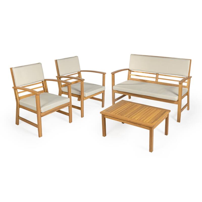 Freja 4-Piece Modern Coastal Acacia Wood Conversation Outdoor Patio Set with Cushions, by JONATHAN Y - Light Gray