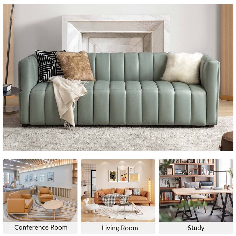 Olinto Modern 83''W Genuine Leather Tufted Couch Sofa with Channel Back and Solid Wood Legs by HULALA HOME
