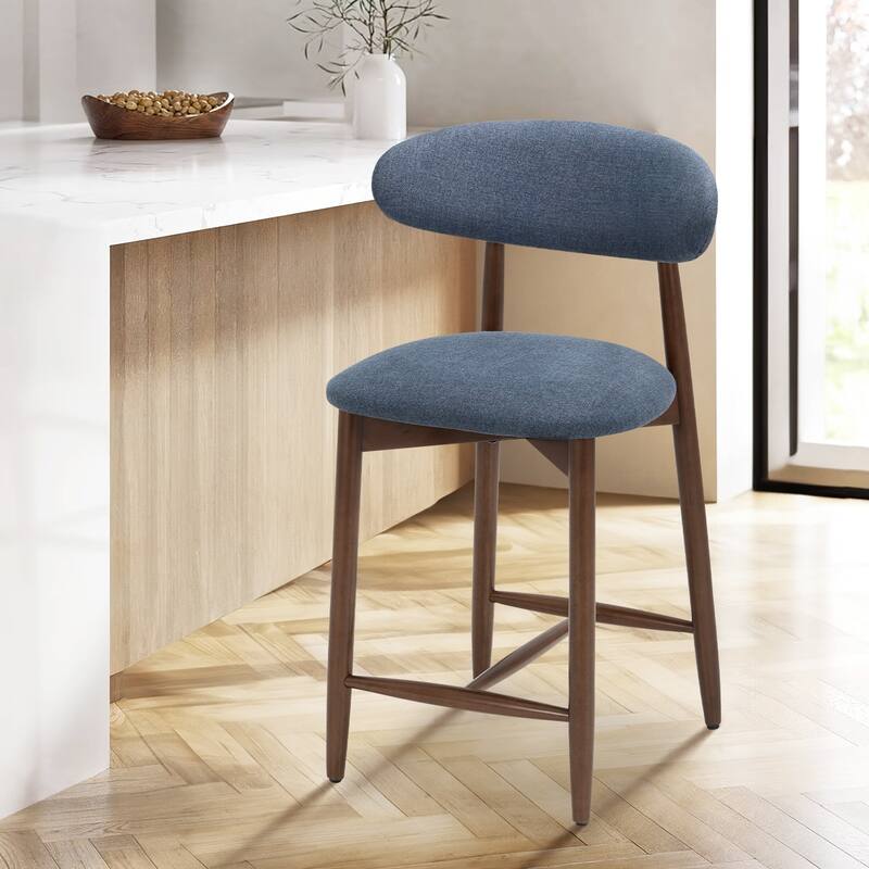 Mid-Century Modern Upholstered Bar Stools with Backrest - Solid Wood Legs Counter Height Stools - Single - Blue