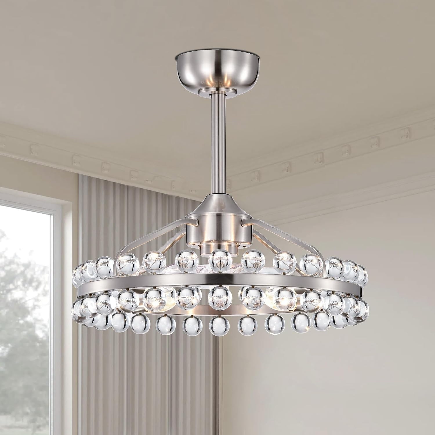 20.8"W Crystal Ceiling Fans with Lights and Remote,Caged Ceiling Fan,Flush Mount Ceiling Fan with Reversible 7 Blades 6 Speeds