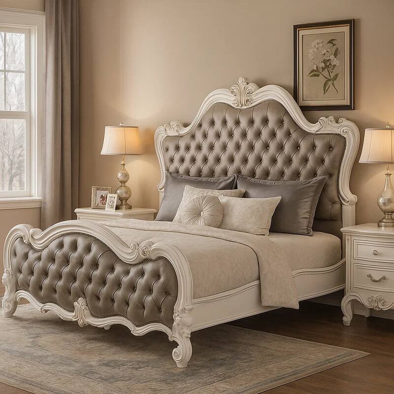 Sicily King Bed, Classic White Carved Frame, Tufted Gray Faux Leather