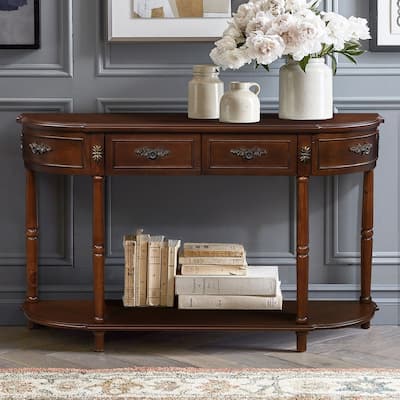 Living Room Hallway Retro Curved Wood Console Table Sofa Table with Shelf and 2 Drawers