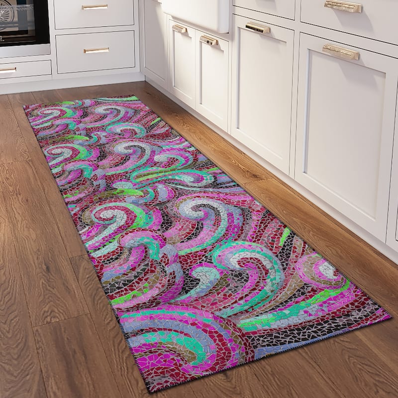 Indoor/ Outdoor Surfside Mosaic Waves Washable Rug New