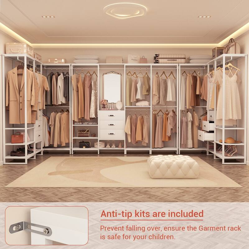Rackcog 74-148'' W Closet System with 3 Wood Drawers and 11-Tier Storage Shelves,Multifunctional Walk-in Closet Organizer