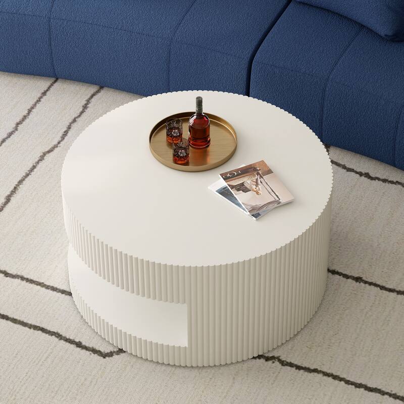 31.5" Modern 2-Tier Round Coffee Table, Center Table with Storage and Bottom Legs for Living Rooms, White