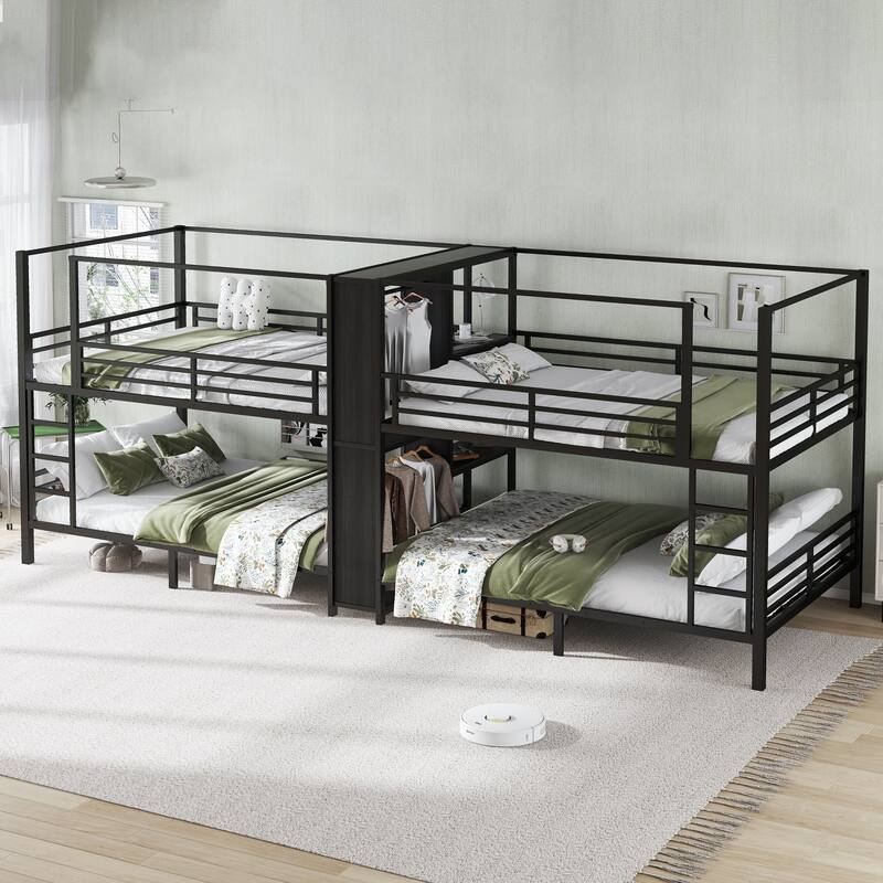 Queen Size Quadruple Metal Bunk Bed with Storage Shelves Wardrobe Noise reduced Black