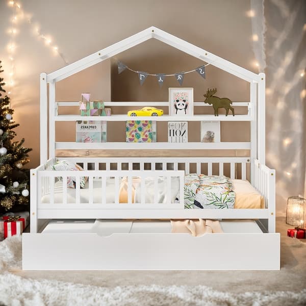 slide 2 of 27, Modern Twin Size Wooden House Bed Kids Bed with Trundle and Shelf,Playhouse Design White