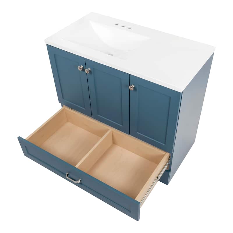 Spring Mill Cabinets Emlyn 36.5" Bathroom Vanity With Shelves, Drawer, and White Sink Top