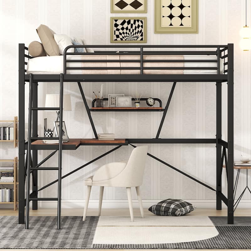 Full Size Loft Bed with Desk and Shelf, Black