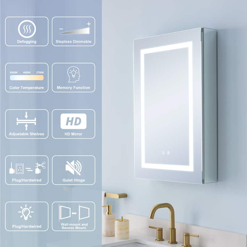 30" H Recessed or Surface LED Mirror Cabinet with Adjustable Glass Shelves,Defogger, Dimmer And Outlets & USB Ports