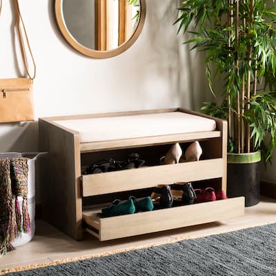 SAFAVIEH Percy Shoe Storage Bench -Rustic Oak / Beige - 34" W x 18" D x 21" H