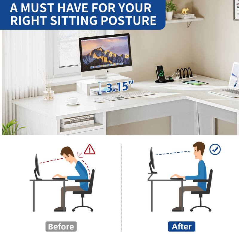 Moasis 59-inch Computer L-shaped Desk with Monitor Stand and Cabinet, Executive Desk w/Power Outlets