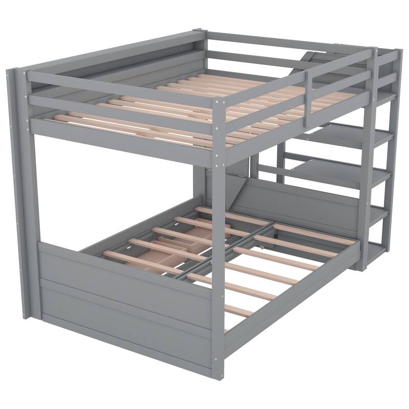 Full Size Convertible Bunk Bed with Storage Staircase, Bedside Table, and 3 Drawers, Gray