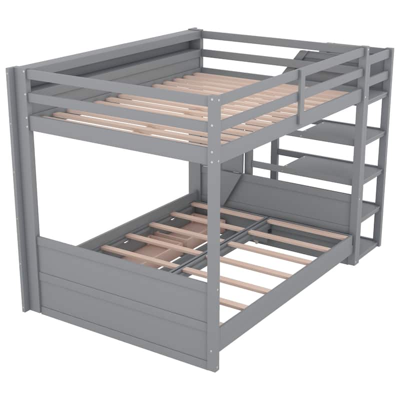 Gray Full Size Solid Wood Convertible Bunk Bed with Storage Staircase and Drawers
