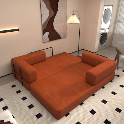 Convertible Floor Sleeper Sofa with Plush Pillows, Mattress Lounge Loveseat, Folding Sofa Bed with Adjustable Armrests