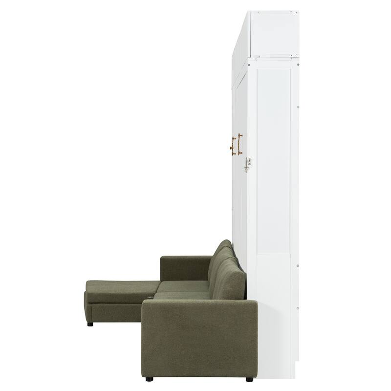 Versatile Queen Size Murphy Bed Wooden Folding Bed Frame integrated with L-shaped Chaise Sectional Sofa and Storage Cabinets