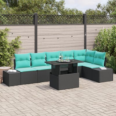 vidaXL 7 Piece Garden Sofa Set with Cushions Black Poly Rattan - 125.6×60.6×27.2