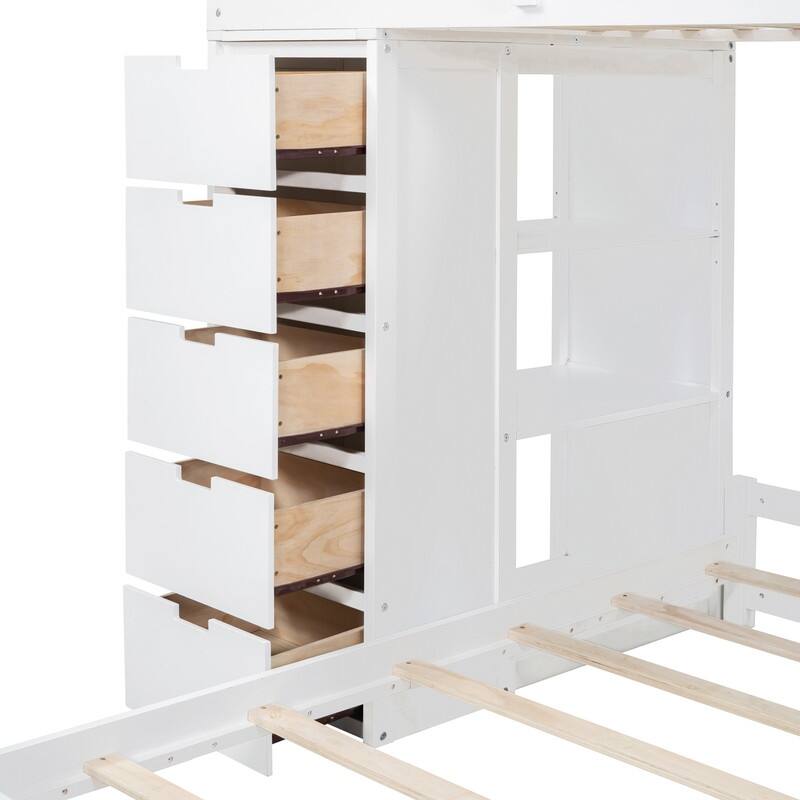 Twin over Twin Bunk Bed with Drawers, Shelves, Desk,LED Light and USB Ports