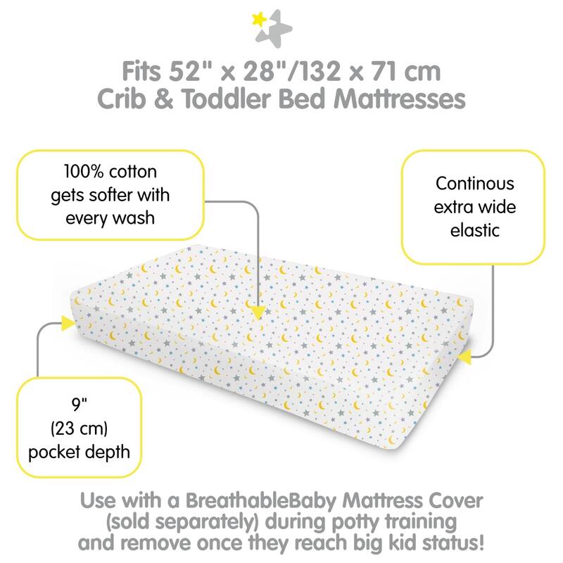 BreathableBaby Cotton Percale Fitted Sheet, For 52" x 28"/132 x 71 cm Crib & Toddler Bed Mattress, Prints (2-Pack)