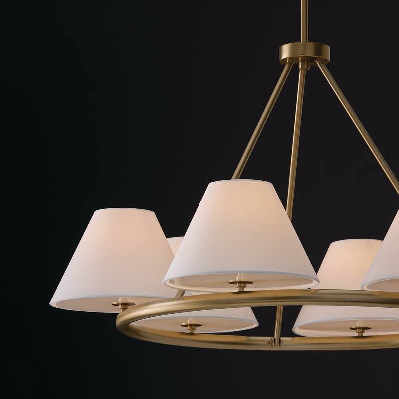 35"W x 19.50"H 6-Light Circular Ring Chandelier in Matte Brass with White Fabric Shades and Glass Diffusers