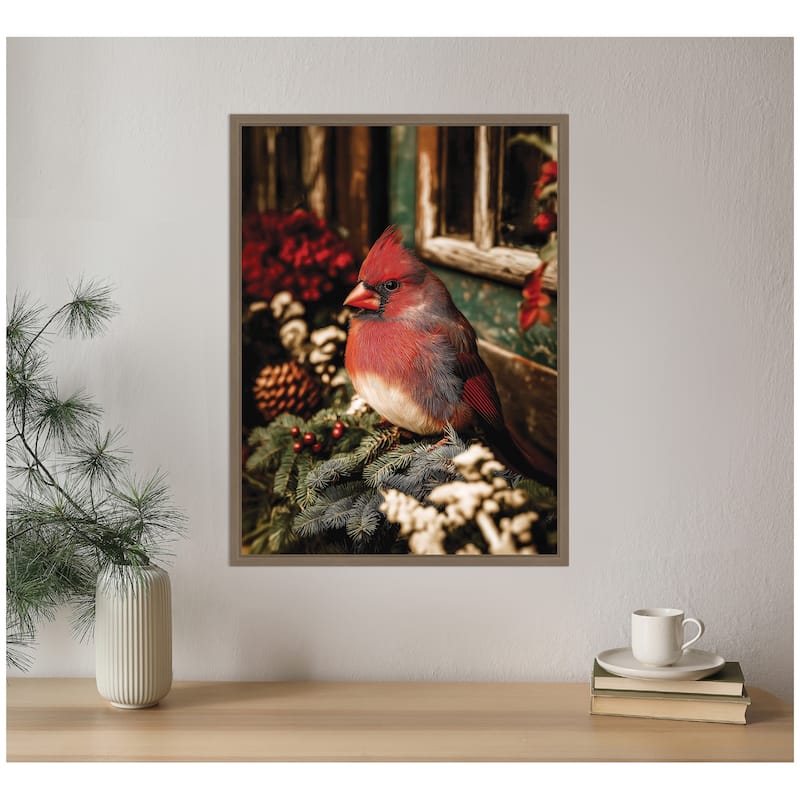 Kate and Laurel Framed Canvas Red Cardinal Sitting On a Mistletoe by Michael Schauer