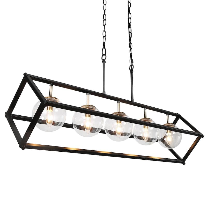 Torin Modern 5-Light 41.5" Black Gold Geometric Chandelier Globe Glass Kitchen Island Pendant Lights - 41.5" L x 12" W x 19.5" H