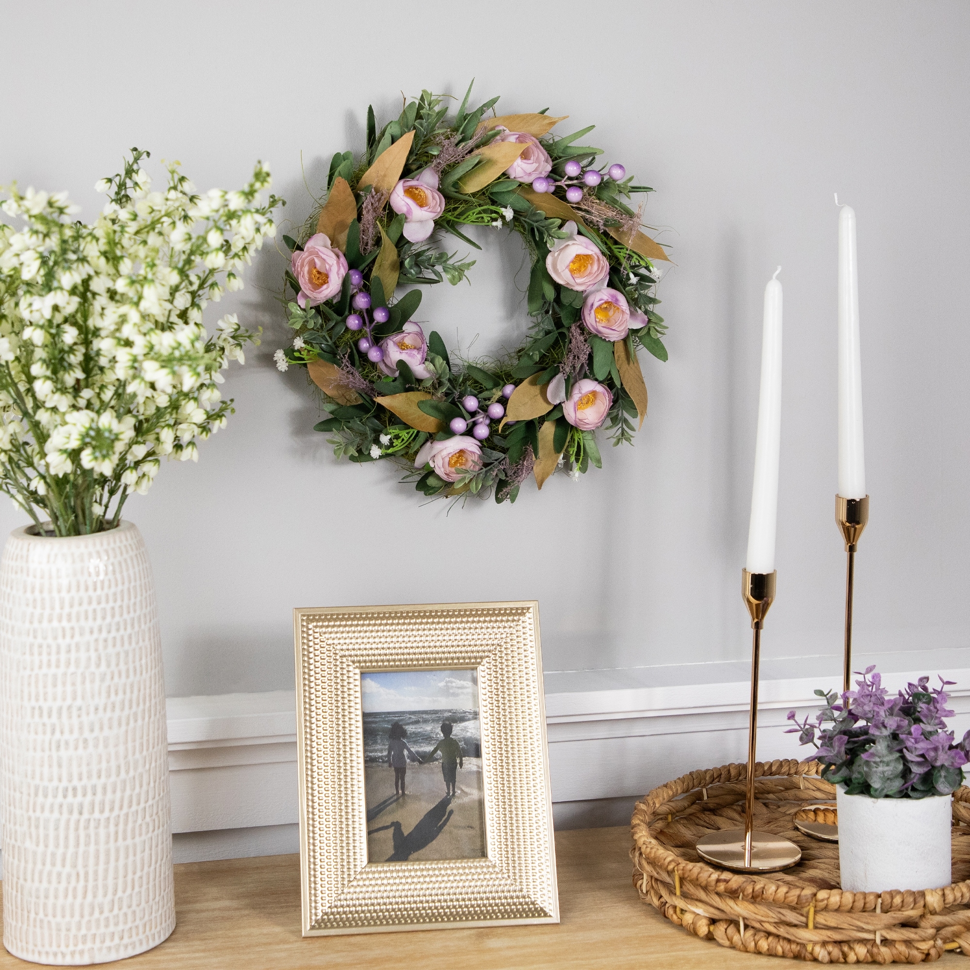 Peonies and Greenery Small Artificial Spring Wreath - 13" - Purple