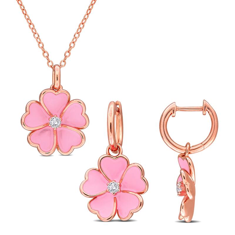 Miadora 1/4ct TGW White Topaz Pink Enamel Flower Necklace Earrings in Rose Plated Sterling Silver