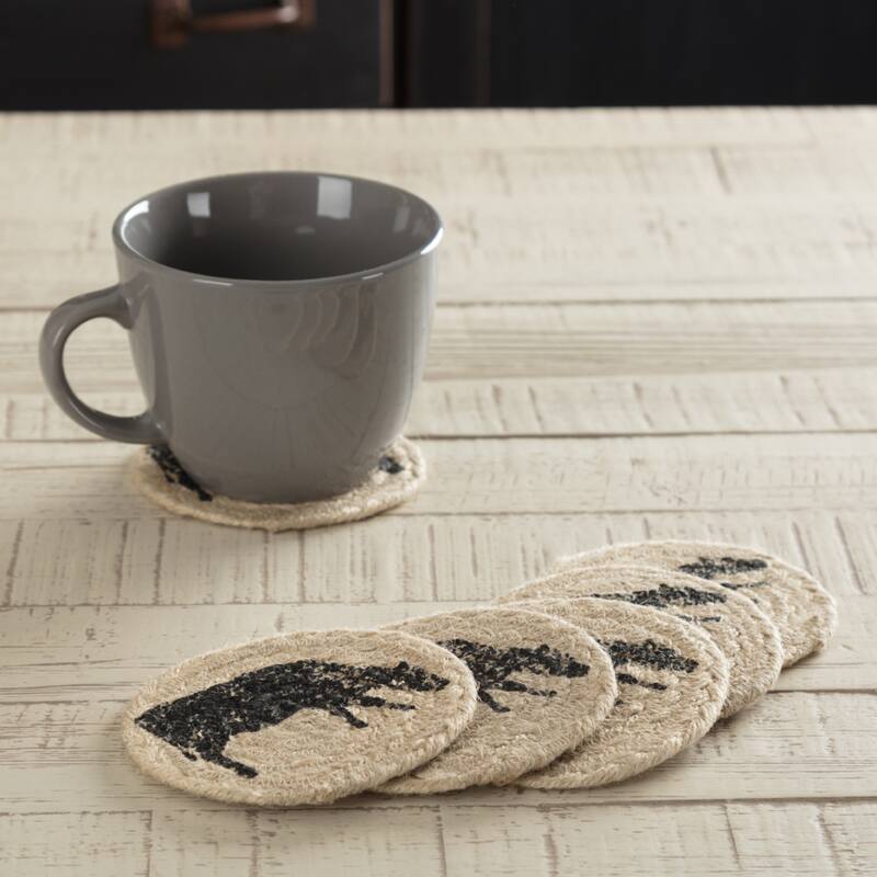 Sawyer Mill Charcoal Cow Jute Coaster Set of 6 - Coaster Set - Coaster Set - Set of 6 - Bleached White/Asphalt/Grey Taupe