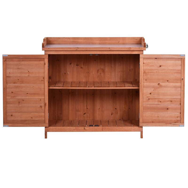 Patio Garden Potting Bench Table, Outdoor Garden Wooden Storage, Patio Workstation with 2-Tier Shelves and Side Hook