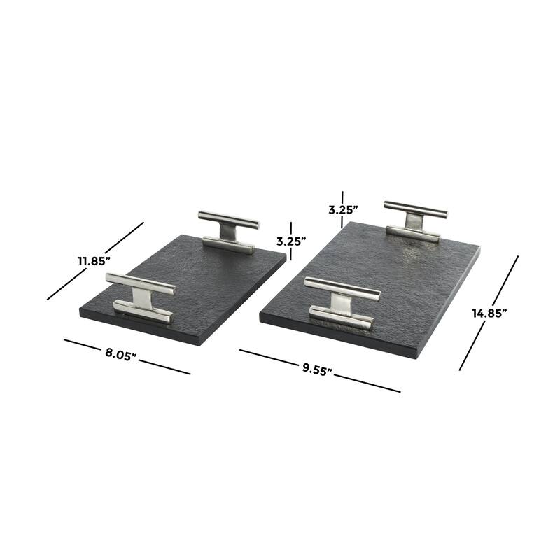 Marble Textured Living Room Decor Tray with Rod Handles - Set of 2 Black - Roche River Decor