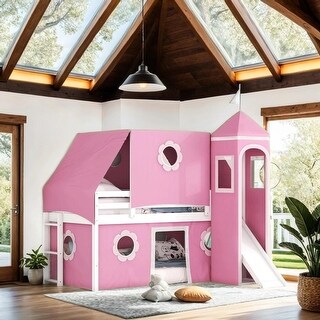 Playhouse Inspired Twin Size Loft Bed with Slide Blue Tent and Tower, sturdy construction & Unique Design
