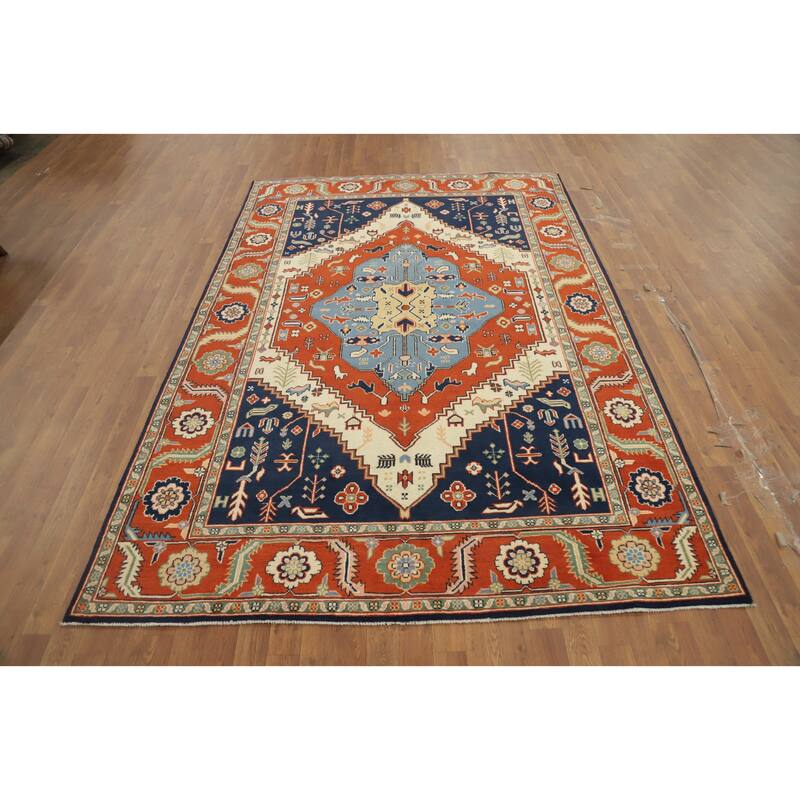 Hand Knotted Oriental 100% Wool Carpet Traditional Medallion Oranges & Rust Heriz (serapi) Area Rug - 8' 10'' X 6' 0''
