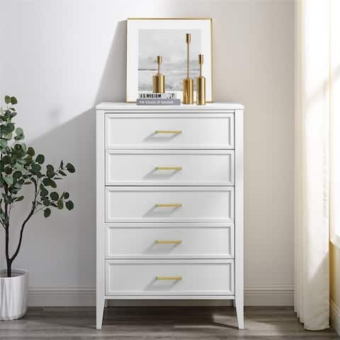 BIKAHOM Solid Wood 5 Drawer Dresser-White Chest ,Contemporary Mid-Century Solid Wood Tall Dressers for Bedroom