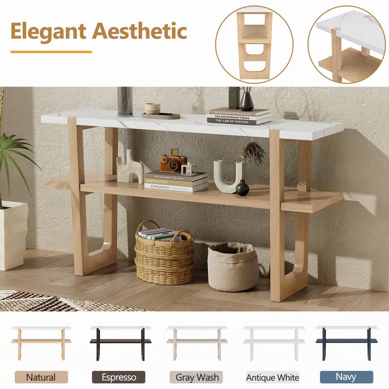 Narrow Console Table with Marble-Effect Top(Natural)