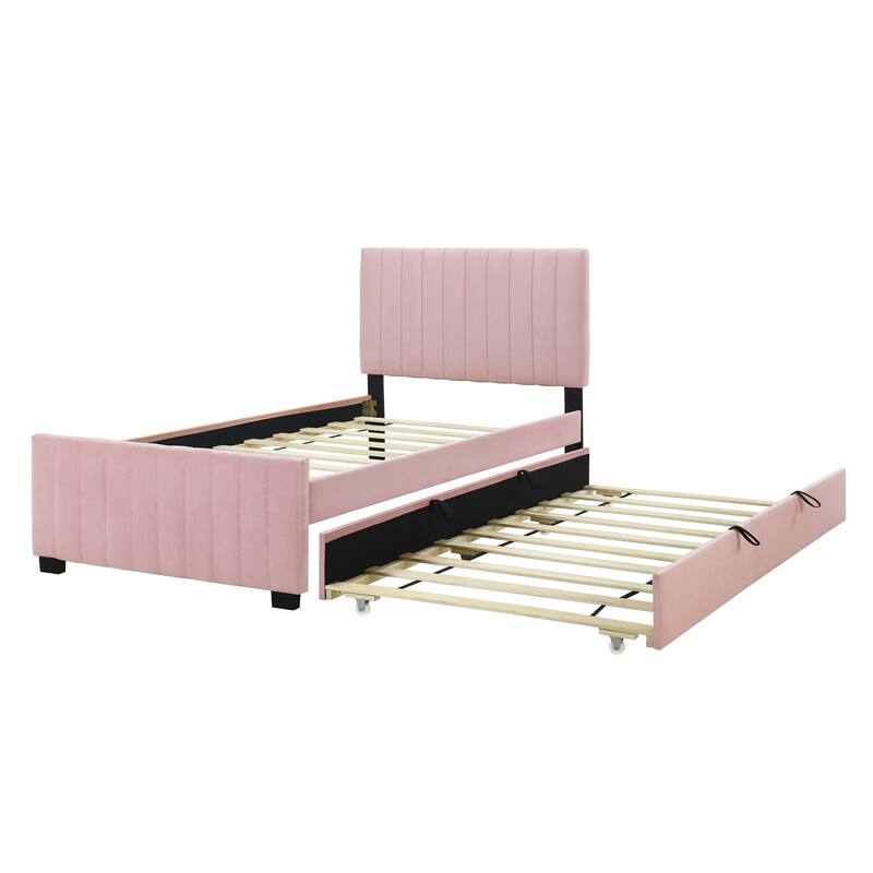 Twin Size Velvet Upholstered Platform Bed Frame with Trundle, No Box Spring, Space-Saving Design, Sturdy Construction