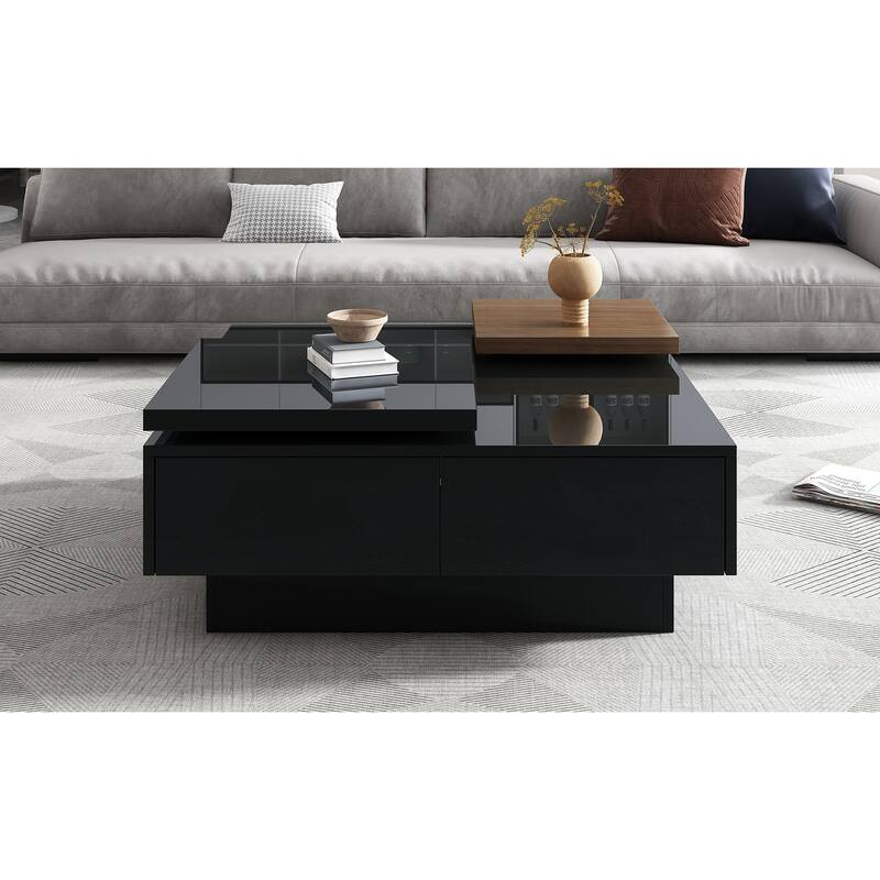 Black Modern Square Wood Coffee Table with Movable Top, High Gloss Finish, 4 Hidden Storage Drawers for Living Room