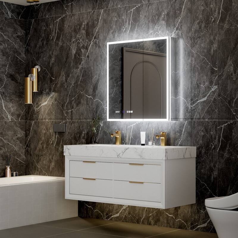 MEDUNJESS Double Opening Frameless Bathroom Mirror Cabinet with Defogging