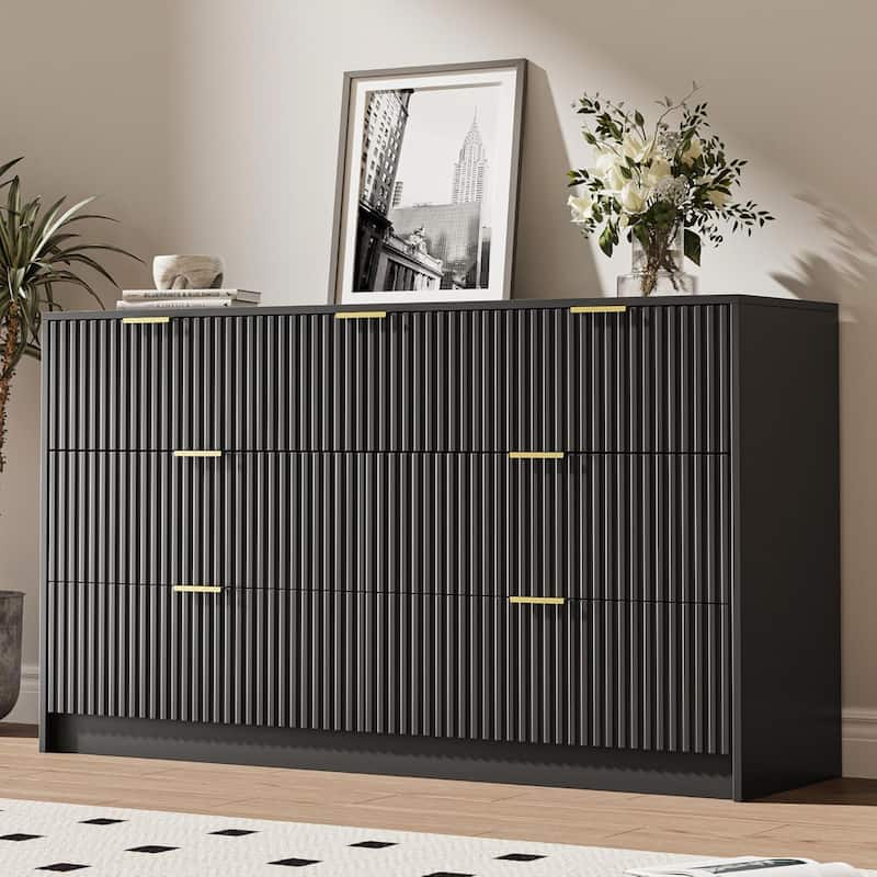 7 Drawer Dresser Fluted Wood Clothes Storage Cabinet, Modern Wide Dresser for Bedroom - Black