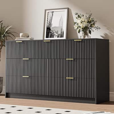 7 Drawer Dresser Fluted Wood Clothes Storage Cabinet, Modern Wide Dresser for Bedroom