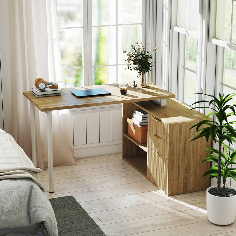 54W L Shaped Desk with Drawers and File Cabinet