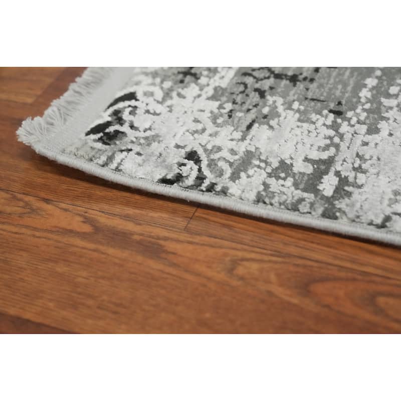 Machine Made Oriental Polyester Carpet Geometric Greys & Charcoal Distressed Area Rug - 7' 5'' X 5' 2''