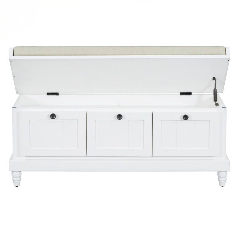 Classic Shoe Bench with Cushion and Three Drawers, Fluted Entryway Bench with Storage for Living Room, Entryway, and Hallways
