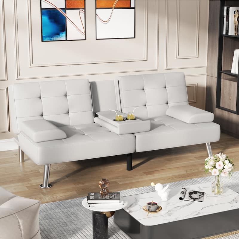 Homall Futon Sofa Bed Convertible Lounge Couch Sofa with Cupholders & Pillows - White