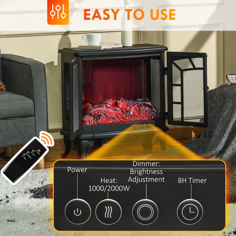HOMCOM 25" Electric Fireplace Wood Stove, Freestanding Fireplace Heater, Timer and Remote Control, 750W/1500W, Black