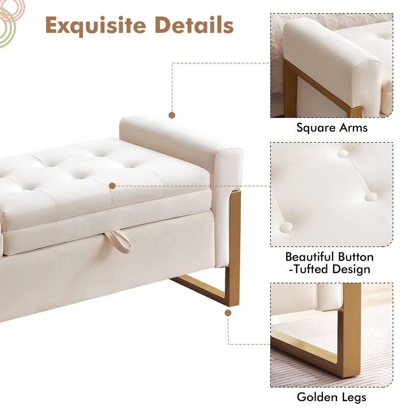66" Storage Bench King Size End of Bed with Double Lids and Gold Legs